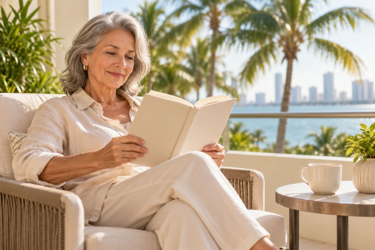 Woman reading on a sunny Miami balcony