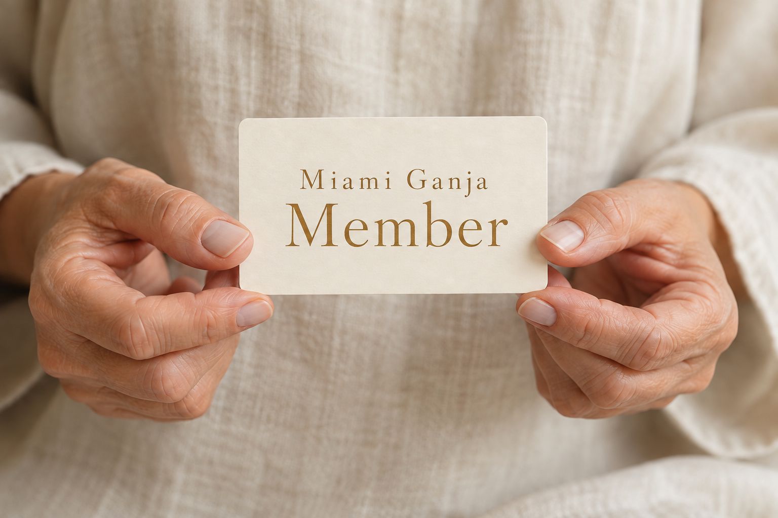 Hands holding a card that reads Miami Ganja Member