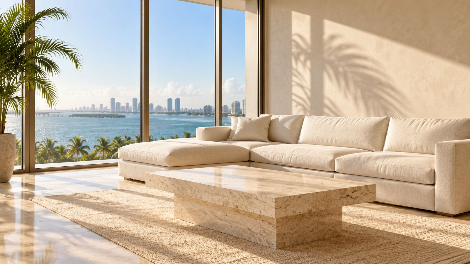 Sunlit Miami lounge with a cream sofa and a view of the bay