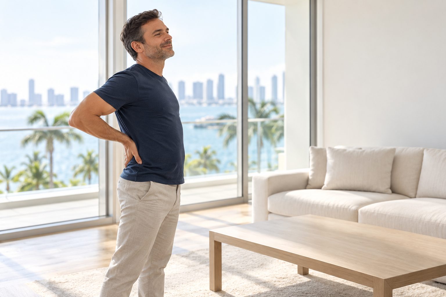 Man in his 40s stretching his lower back in a bright Miami living room with a bay view