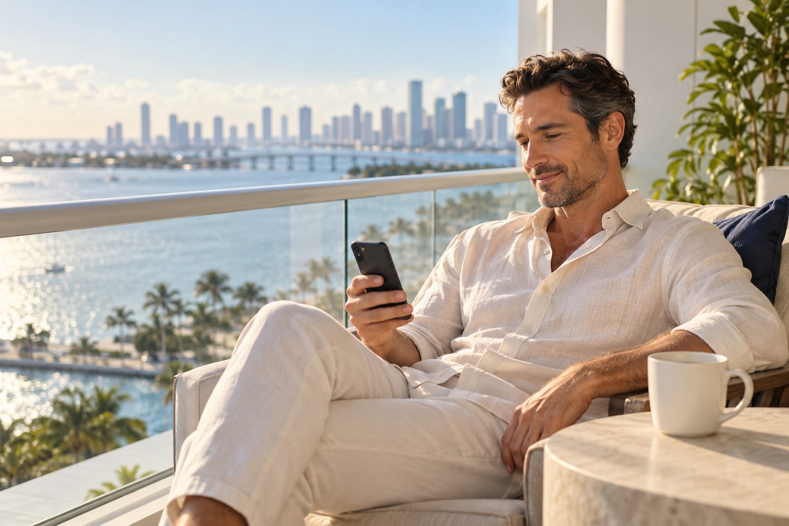 Man relaxing on a sunny Miami balcony reading on his phone
